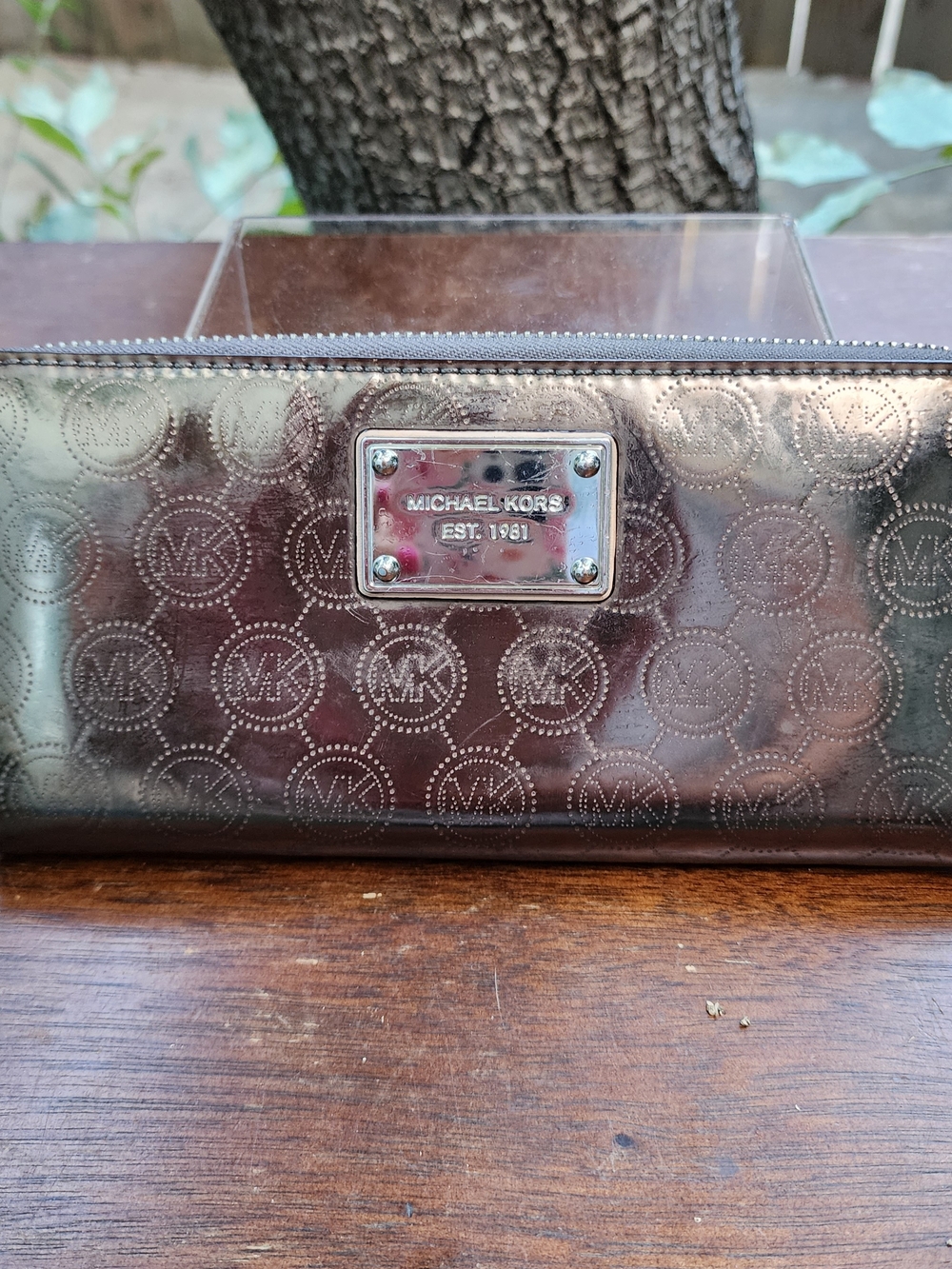 Michael Kors Metallic Pewter Monogram Embossed Zip Around Wallet